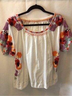 Anthropology Embroidered White Peasant Top with Multicolor Floral Accents
